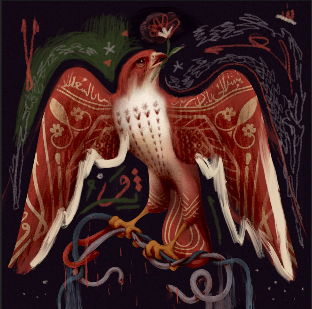 a digital illustration of an eagle holding snakes done for the arabic design archive manifesto