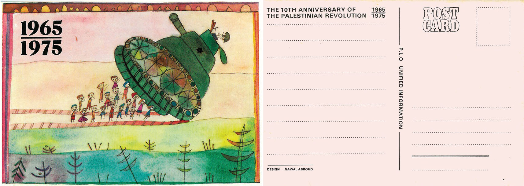 a postcard designed Nawal Traboulsi showing kids turning a military tank over 